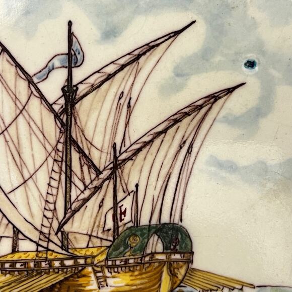 Portuguese Tile Ship Gale Seculo XVI Handpainted Battistini de Maria de Portugal - Picture 12 of 13